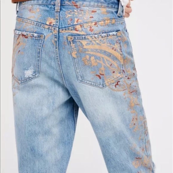 Free People gold stencil distressed jeans - Picture 3 of 7
